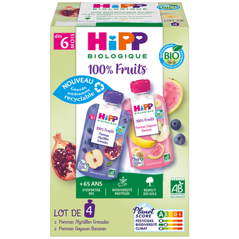 Image de Gourdes 100% fruits 2 pommes myrtilles grenades 2 pommes goyaves biodés 6 mois HIPP
