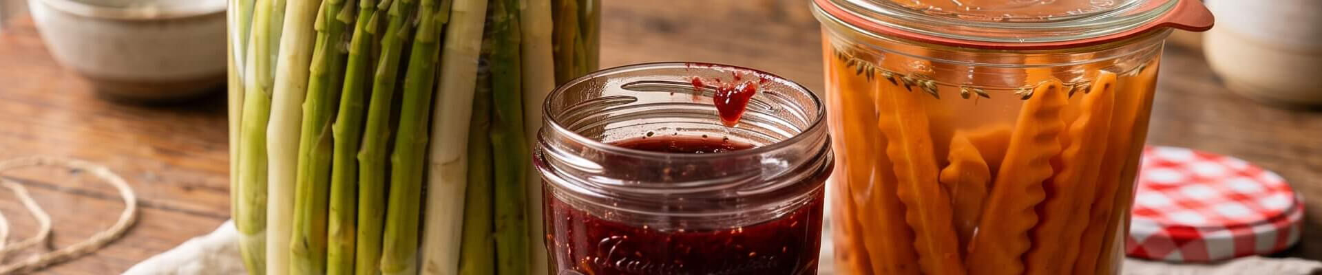 Conserve d&rsquo;asperges, confiture de fraises et carottes ferment&eacute;es