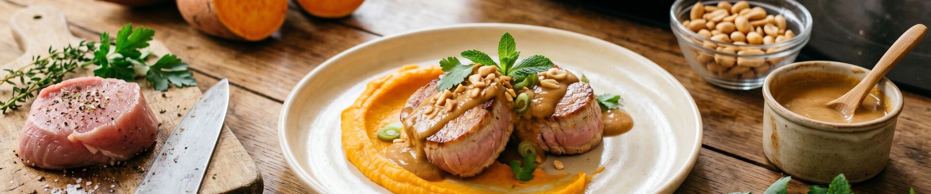 M&eacute;daillons de veau &agrave; la cacahu&egrave;te, pur&eacute;e de patates douces