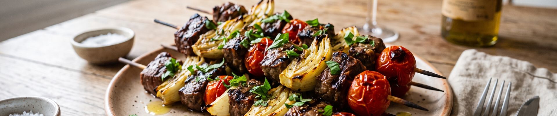 Brochettes de b&oelig;uf, fenouil tomates