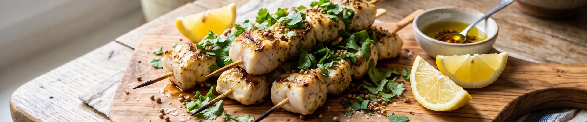 Brochettes de lotte marin&eacute;es au cumin et &agrave; la coriandre